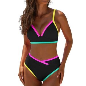 Womens Colorblock Bikini Swimsuit High Waisted Teal Pink Yellow Accent